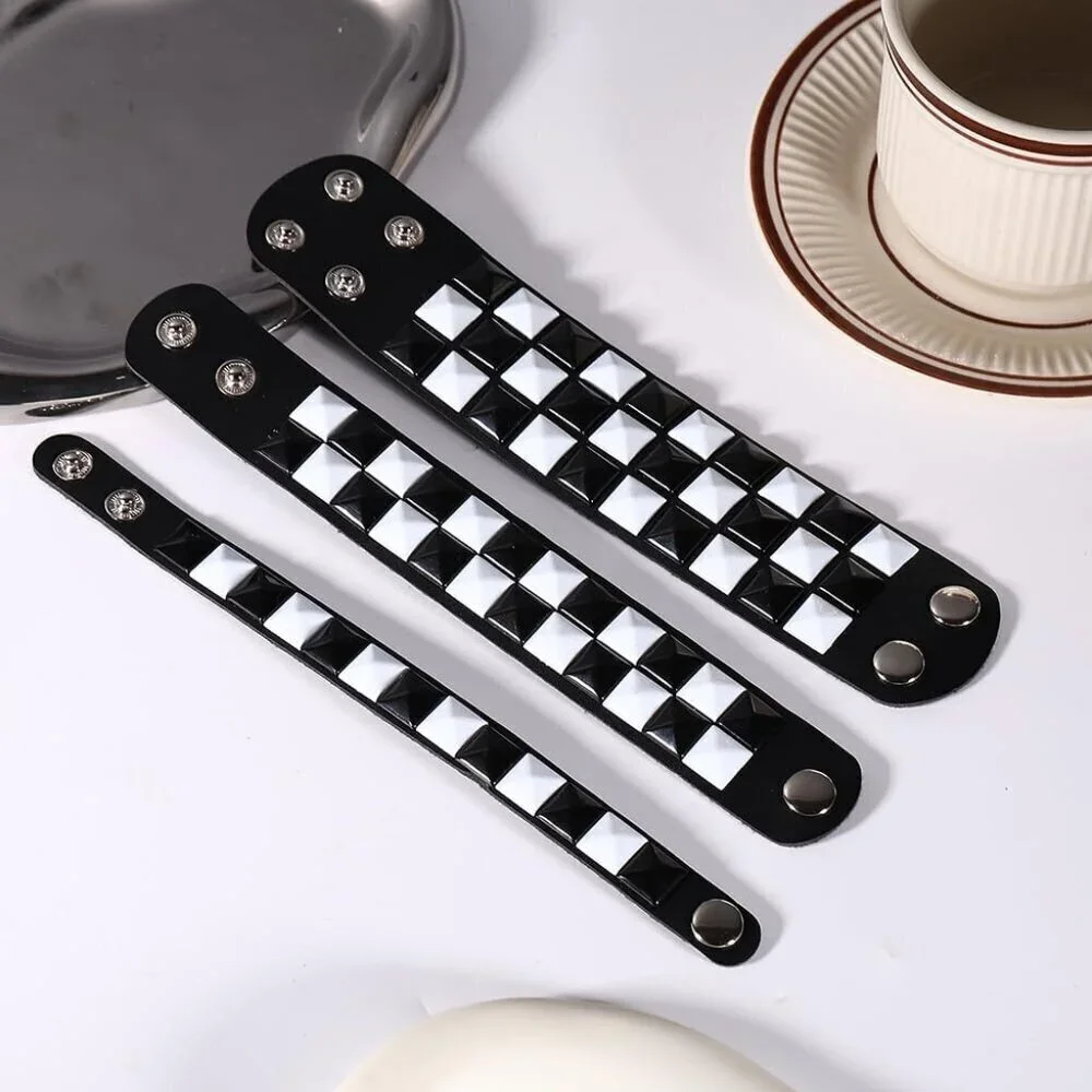 3 Piece Faux Leather Punk Bracelets Black White Checkered Studded Adjustable